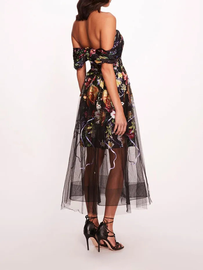 Women Marchesa Dresses Ribbons Midi Dress Black Multi Women Marchesa Dresses Ribbons Midi Dress Black Multi