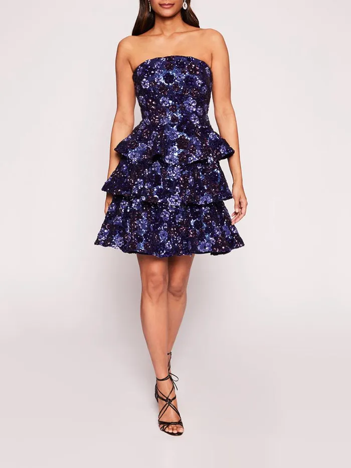 Women Marchesa Dresses Sequin Bouquets Mini Dress Indigo