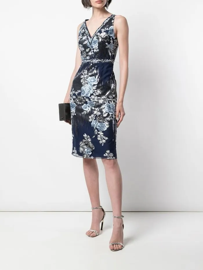 Women Marchesa Dresses Sequin Embroidered Cocktail Dress Navy