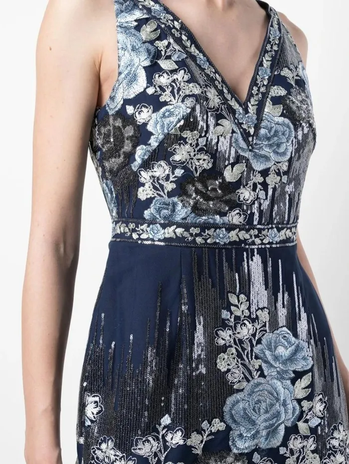Women Marchesa Dresses Sequin Embroidered Cocktail Dress Navy