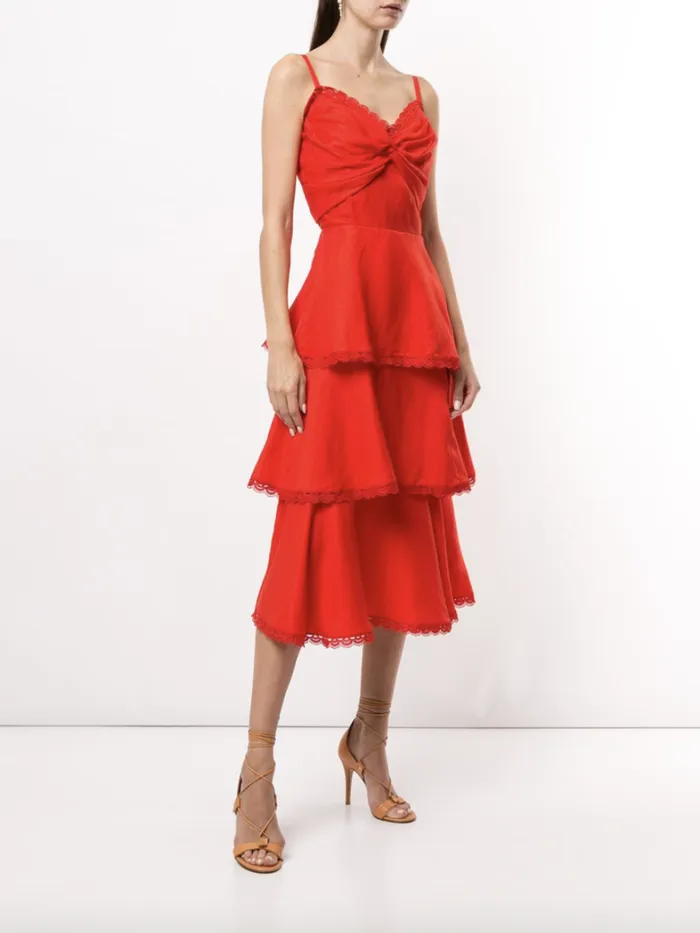 Women Marchesa Dresses Twisted Tiered Linen Day Dress Fiery Red