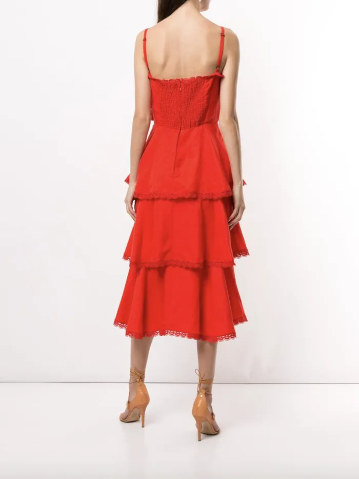 Women Marchesa Dresses Twisted Tiered Linen Day Dress Fiery Red
