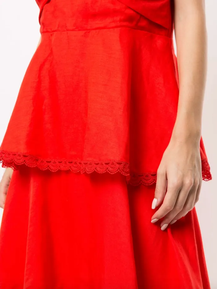 Women Marchesa Dresses Twisted Tiered Linen Day Dress Fiery Red
