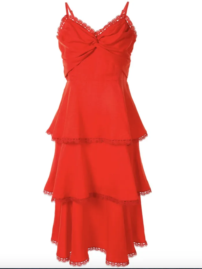 Women Marchesa Dresses Twisted Tiered Linen Day Dress Fiery Red