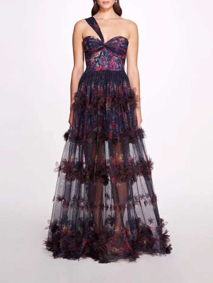 Women Marchesa Dresses Watercolor Garland Gown Navy Multi