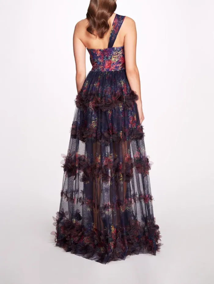 Women Marchesa Dresses Watercolor Garland Gown Navy Multi Women Marchesa Dresses Watercolor Garland Gown Navy Multi