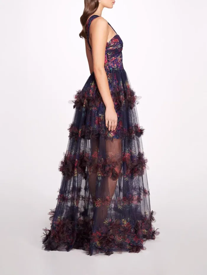Women Marchesa Dresses Watercolor Garland Gown Navy Multi Women Marchesa Dresses Watercolor Garland Gown Navy Multi