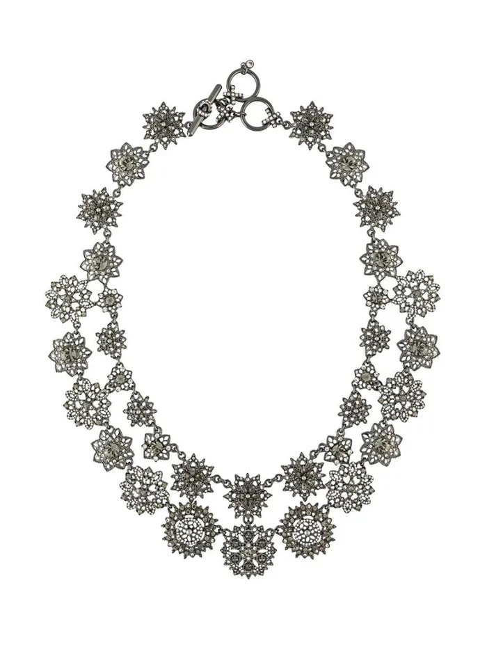 Women Marchesa Jewelry Black Crystal Encrusted Double Strand Flower Necklace Black Diamond