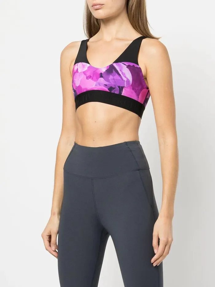 Women Marchesa Tops Pink Floral Print Sports Bra With Mesh Raspberry Multi