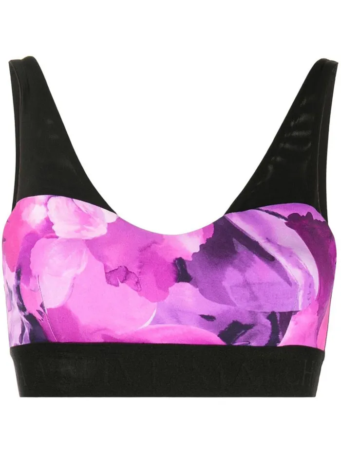 Women Marchesa Tops Pink Floral Print Sports Bra With Mesh Raspberry Multi Women Marchesa Tops Pink Floral Print Sports Bra With Mesh Raspberry Multi