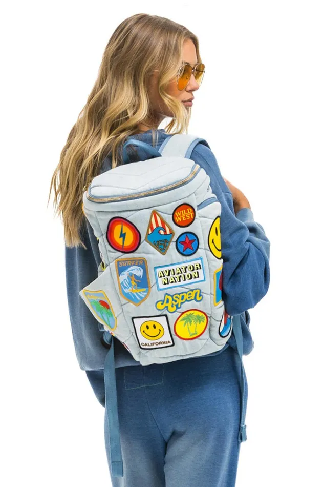 WomenMen Backpacks Aviator Nation Vintage Patch Denim Puffer Backpack 8211 Super Light Vintage