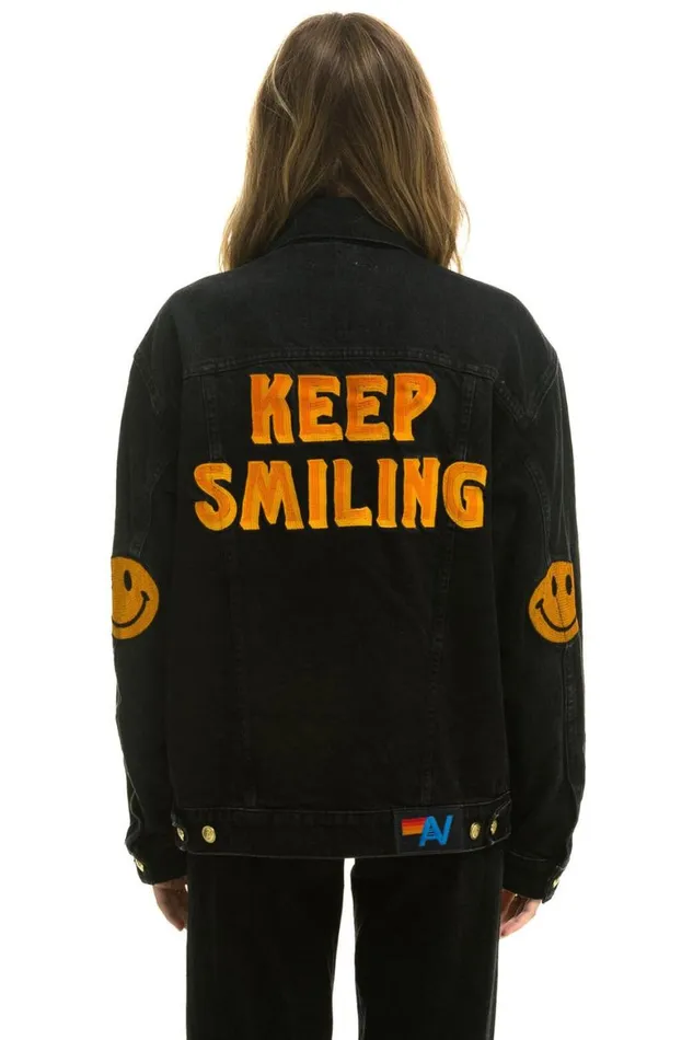 WomenMen Denim Aviator Nation Keep Smiling Oversized Concert Denim Jacket 8211 Vintage Black WomenMen Denim Aviator Nation Keep Smiling Oversized Concert Denim Jacket 8211 Vintage Black