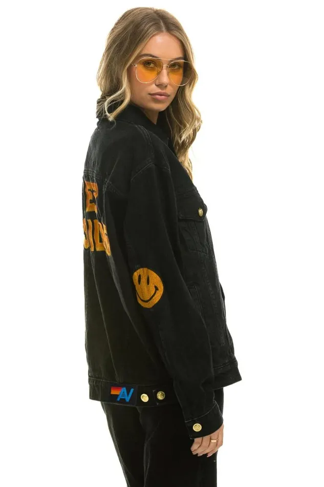 WomenMen Denim Aviator Nation Keep Smiling Oversized Concert Denim Jacket 8211 Vintage Black