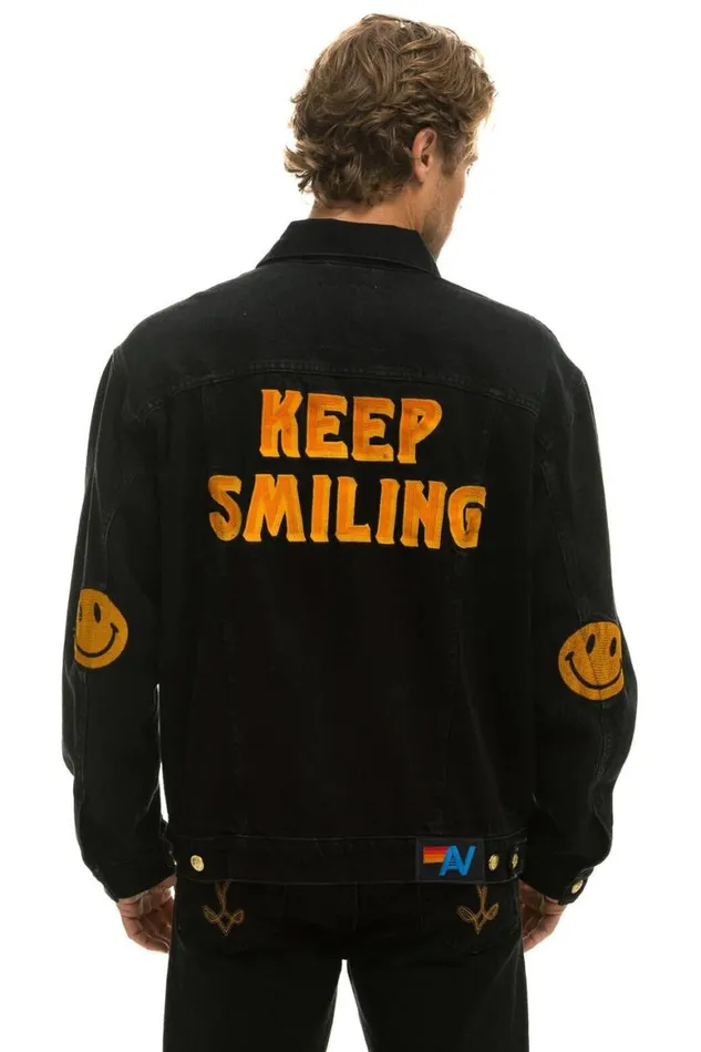 WomenMen Denim Aviator Nation Keep Smiling Oversized Concert Denim Jacket 8211 Vintage Black