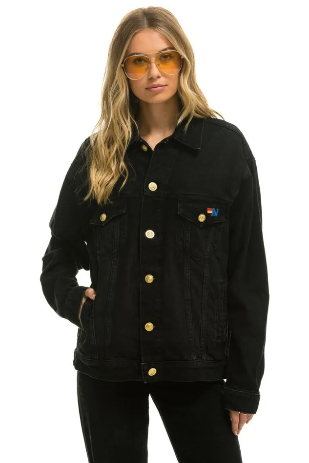 WomenMen Denim Aviator Nation Keep Smiling Oversized Concert Denim Jacket 8211 Vintage Black