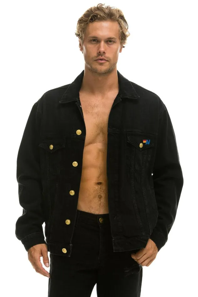 WomenMen Denim Aviator Nation Keep Smiling Oversized Concert Denim Jacket 8211 Vintage Black