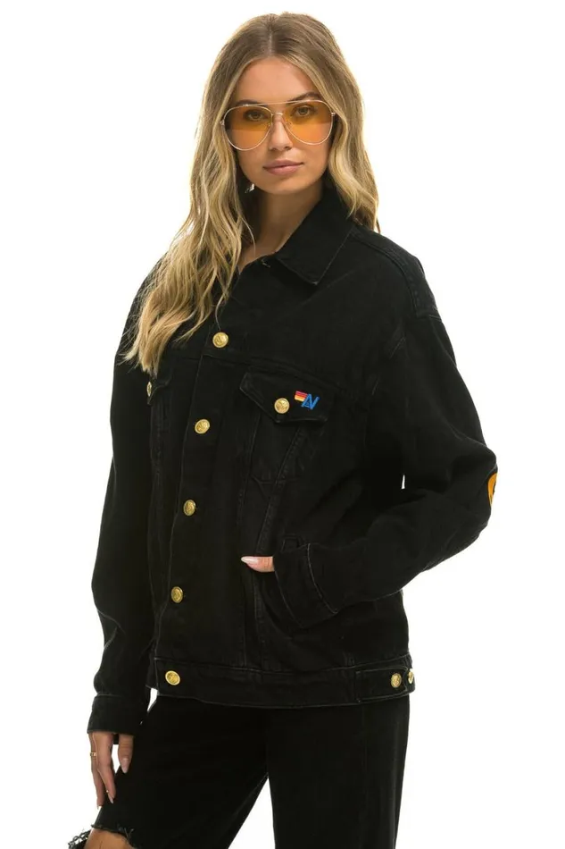 WomenMen Denim Aviator Nation Keep Smiling Oversized Concert Denim Jacket 8211 Vintage Black