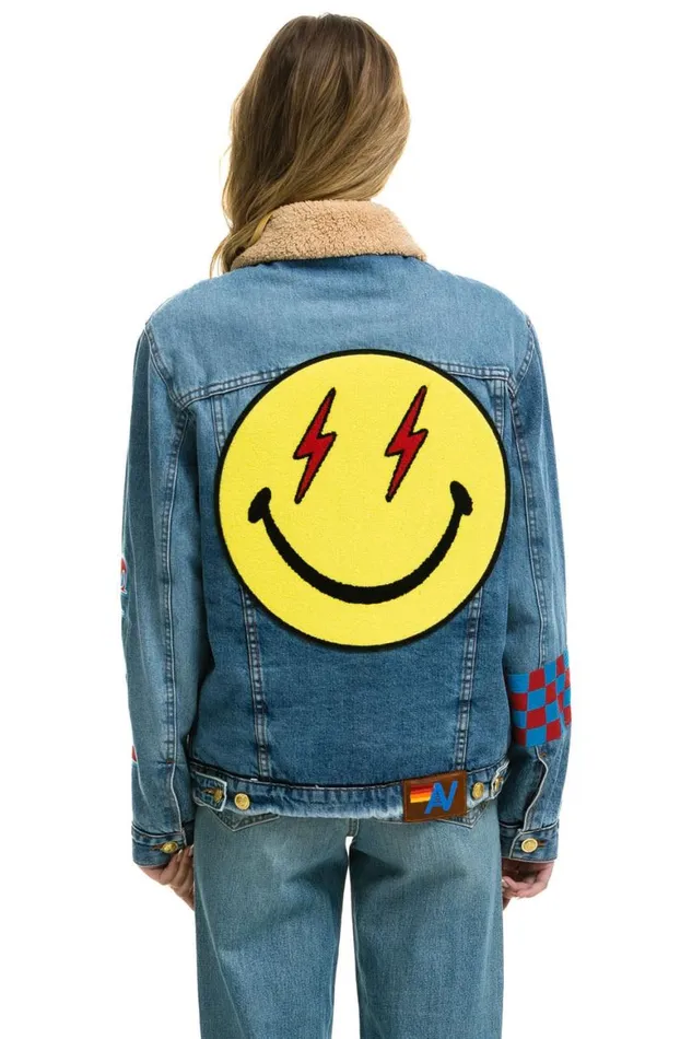 WomenMen Denim Aviator Nation Stoked Bolt Smiley Ranch Sherpa Denim Jacket Super Light WomenMen Denim Aviator Nation Stoked Bolt Smiley Ranch Sherpa Denim Jacket Super Light