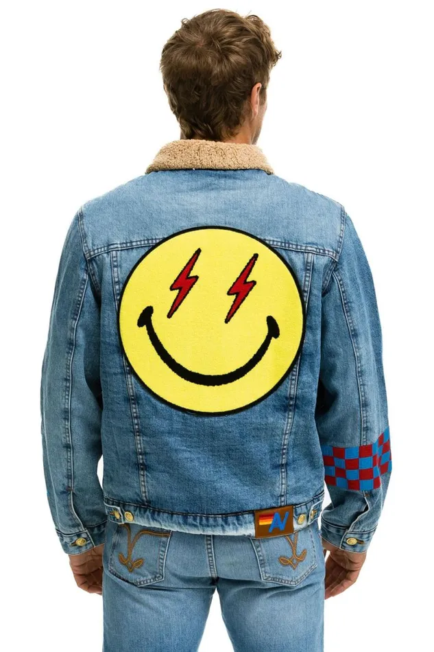 WomenMen Denim Aviator Nation Stoked Bolt Smiley Ranch Sherpa Denim Jacket Super Light