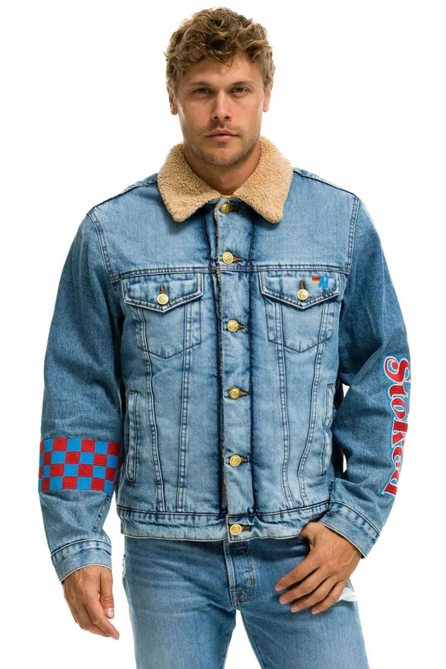 WomenMen Denim Aviator Nation Stoked Bolt Smiley Ranch Sherpa Denim Jacket Super Light