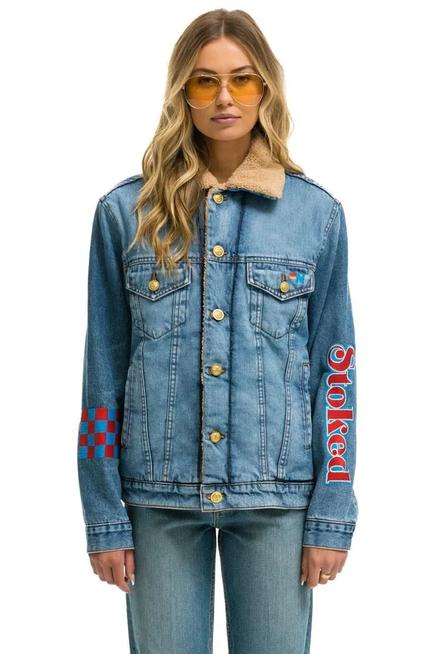 WomenMen Denim Aviator Nation Stoked Bolt Smiley Ranch Sherpa Denim Jacket Super Light