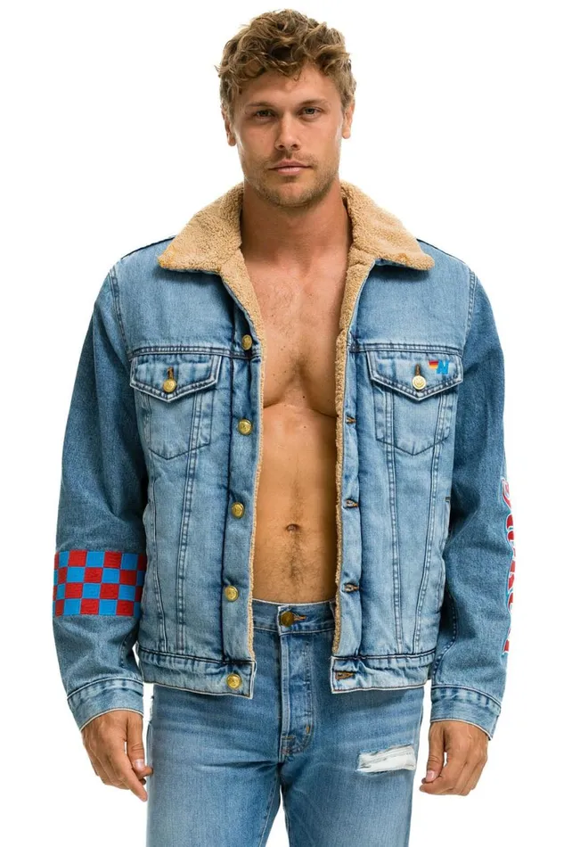 WomenMen Denim Aviator Nation Stoked Bolt Smiley Ranch Sherpa Denim Jacket Super Light