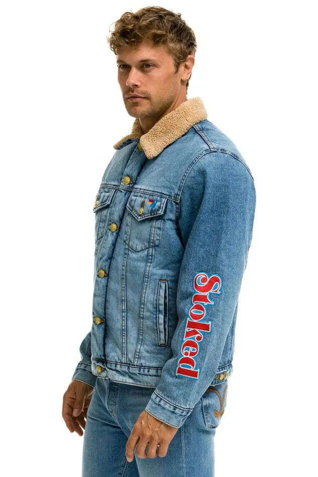WomenMen Denim Aviator Nation Stoked Bolt Smiley Ranch Sherpa Denim Jacket Super Light