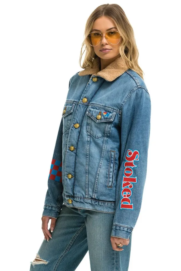 WomenMen Denim Aviator Nation Stoked Bolt Smiley Ranch Sherpa Denim Jacket Super Light