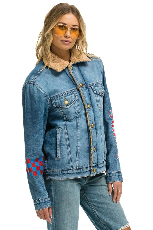 WomenMen Denim Aviator Nation Stoked Bolt Smiley Ranch Sherpa Denim Jacket Super Light
