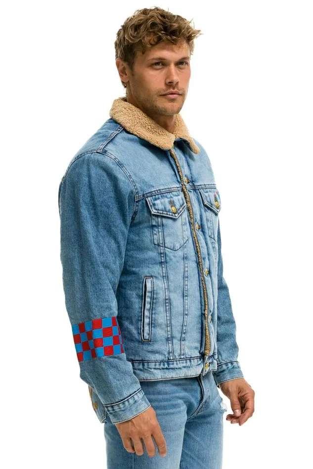 WomenMen Denim Aviator Nation Stoked Bolt Smiley Ranch Sherpa Denim Jacket Super Light