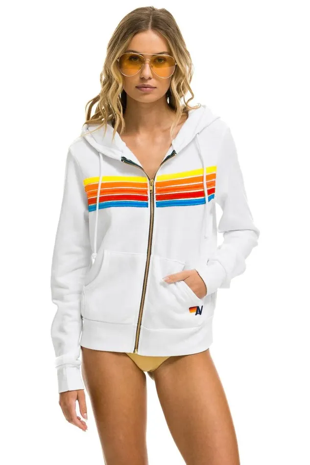 WomenMen Hoodies Aviator Nation 5 Stripe Hoodie 8211 White Neon Rainbow