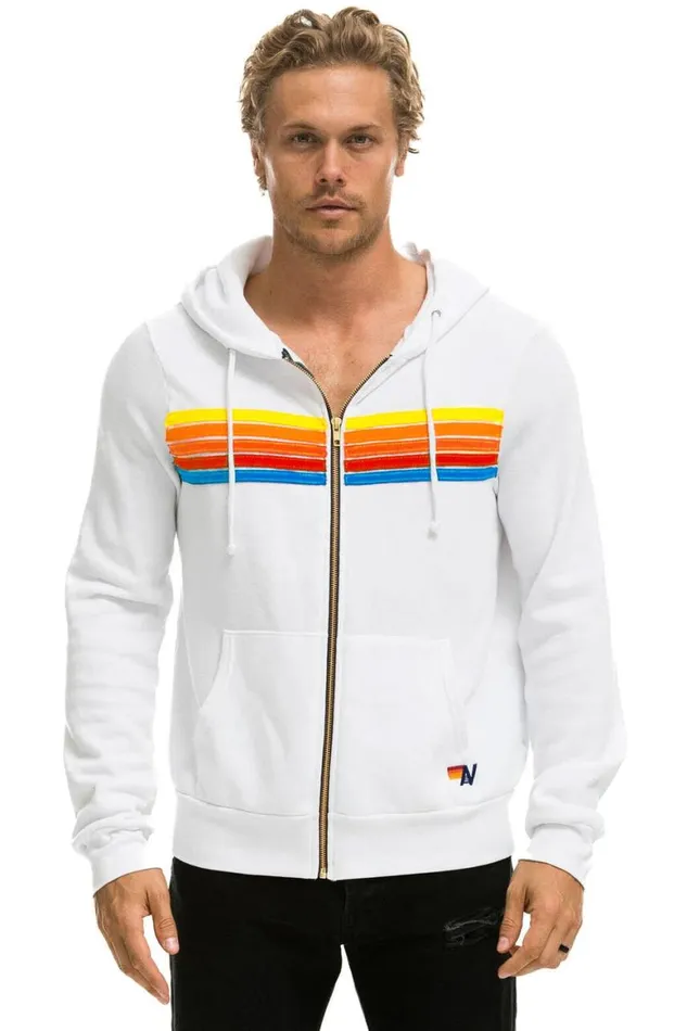 WomenMen Hoodies Aviator Nation 5 Stripe Hoodie 8211 White Neon Rainbow