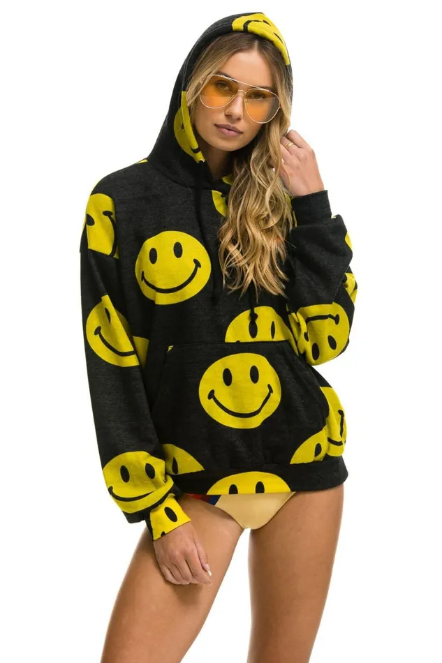 WomenMen Hoodies Aviator Nation Smiley Repeat Relaxed Pullover Hoodie 8211 Black