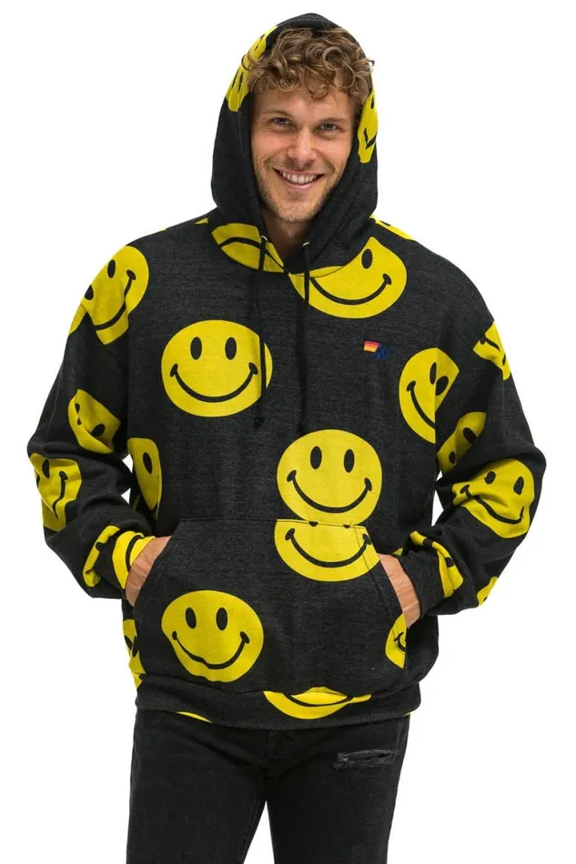 WomenMen Hoodies Aviator Nation Smiley Repeat Relaxed Pullover Hoodie 8211 Black