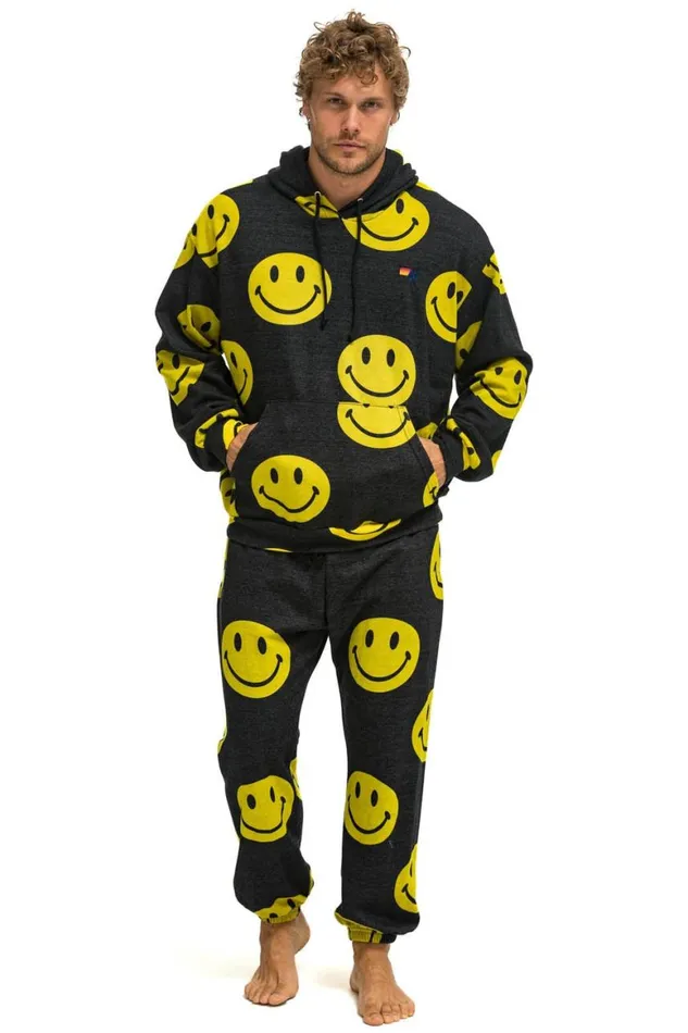 WomenMen Hoodies Aviator Nation Smiley Repeat Relaxed Pullover Hoodie 8211 Black