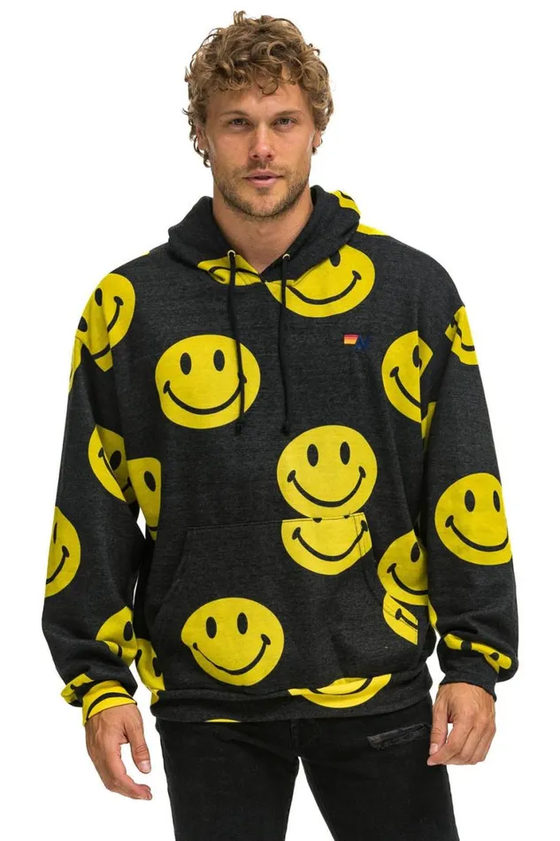 WomenMen Hoodies Aviator Nation Smiley Repeat Relaxed Pullover Hoodie 8211 Black