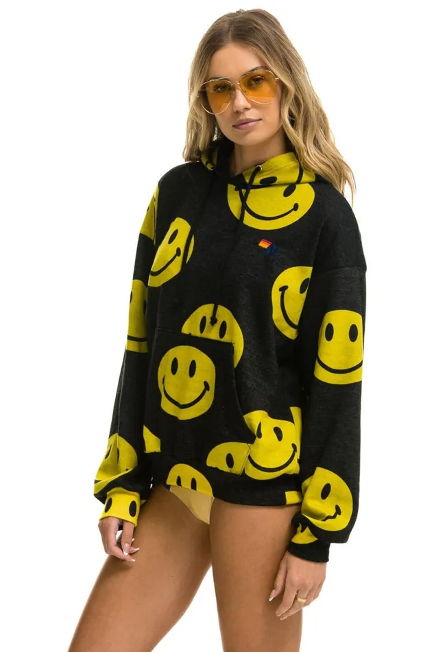 WomenMen Hoodies Aviator Nation Smiley Repeat Relaxed Pullover Hoodie 8211 Black