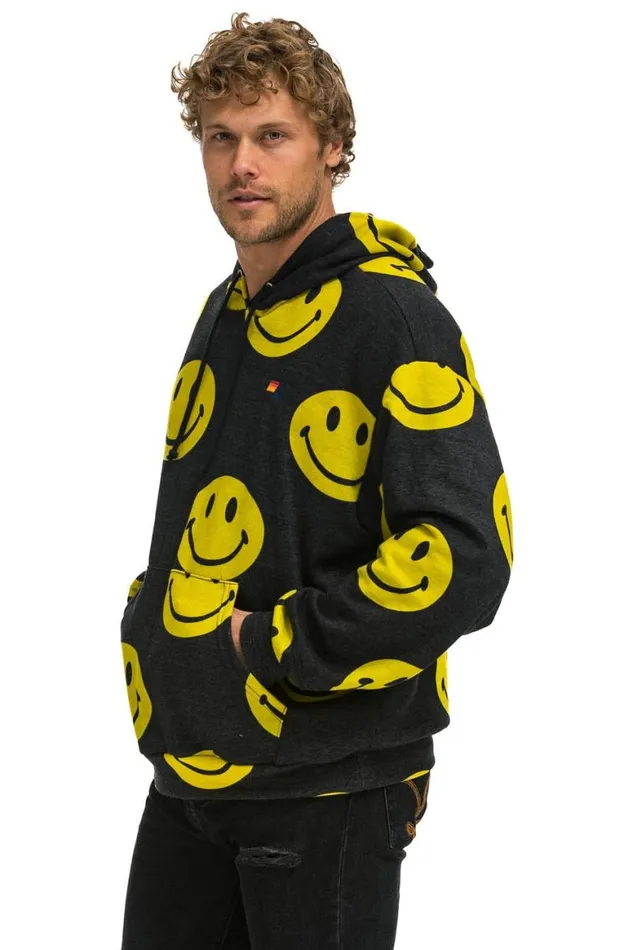 WomenMen Hoodies Aviator Nation Smiley Repeat Relaxed Pullover Hoodie 8211 Black