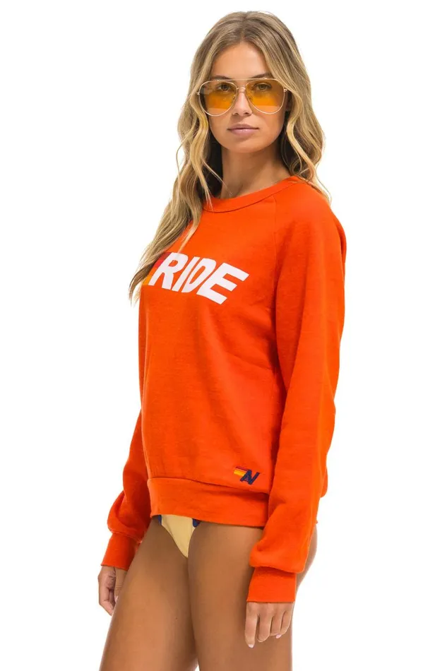 WomenMen Sweatshirts Aviator Nation Ride Logo White Crew Sweatshirt 8211 Orange