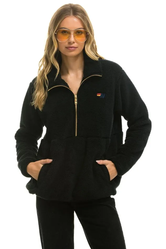 WomenMen Teddy Jackets Aviator Nation Teddy Unisex Half Zip Jacket 8211 Black
