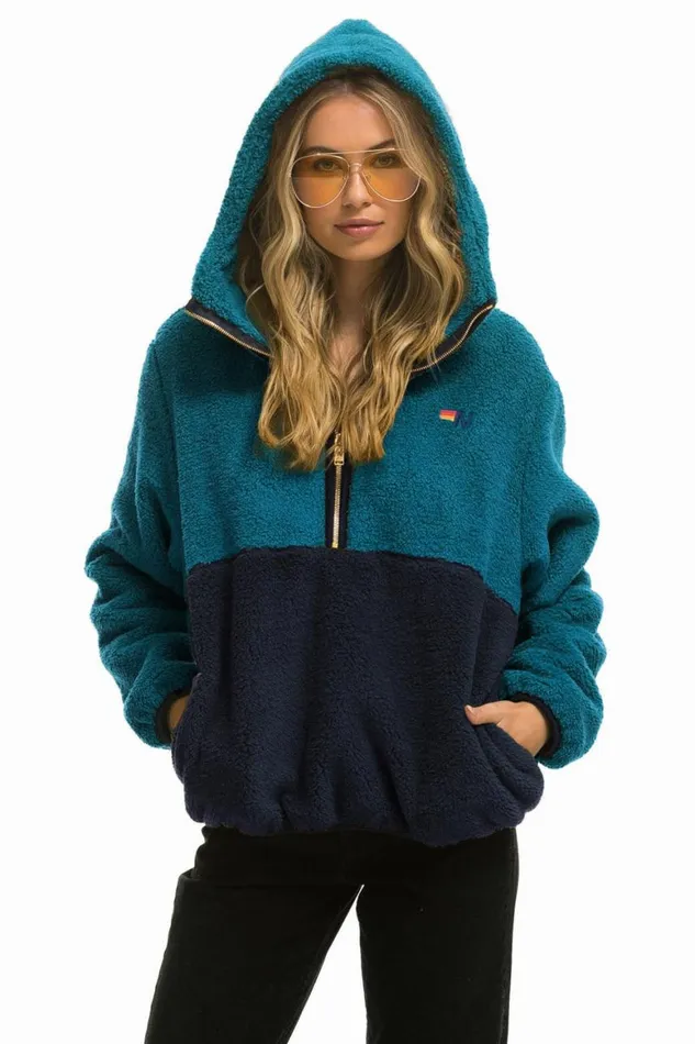 WomenMen Teddy Jackets Aviator Nation Teddy Unisex Hooded Half Zip Color Block Jacket 8211 Capri WomenMen Teddy Jackets Aviator Nation Teddy Unisex Hooded Half Zip Color Block Jacket 8211 Capri