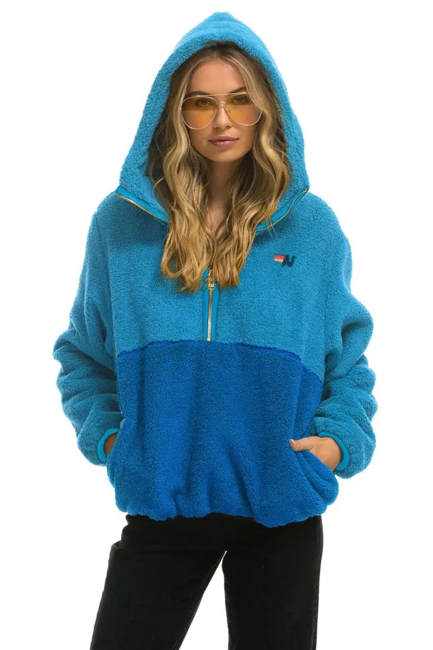WomenMen Teddy Jackets Aviator Nation Teddy Unisex Hooded Half Zip Color Block Jacket 8211 Ocean