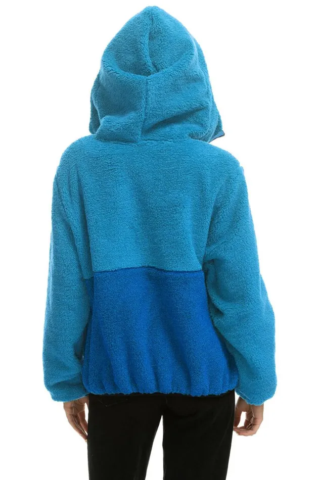 WomenMen Teddy Jackets Aviator Nation Teddy Unisex Hooded Half Zip Color Block Jacket 8211 Ocean