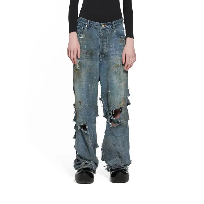 WomenMen Trousers Balenciaga Super Destroyed Baggy Trousers In Light Blue