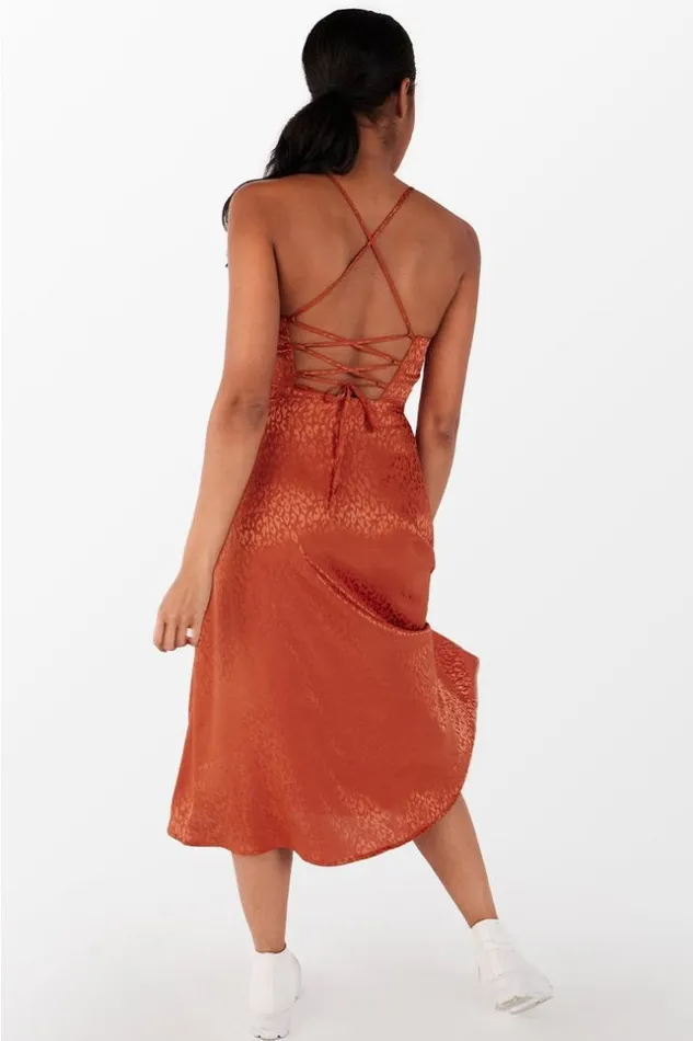 Women Midi Dresses Cupshe Janiya Lace Up Leopard Fitted Waist Slip Dress Red