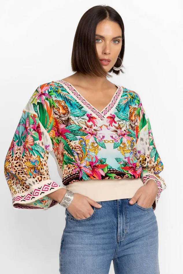 Women MILLER TIGRES PULLOVER BLOUSE Miller Tigre Scarf Print Johnny Was Tops