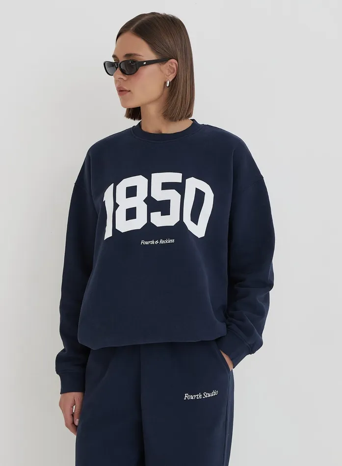 Women Navy 1850 Slogan Classic Longline Sweatshirt Harley 4th and Reckless Athleisure Women Navy 1850 Slogan Classic Longline Sweatshirt Harley 4th and Reckless Athleisure