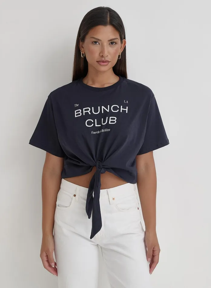 Women Navy Tie Front Brunch Club TShirt Ellira 4th and Reckless Athleisure