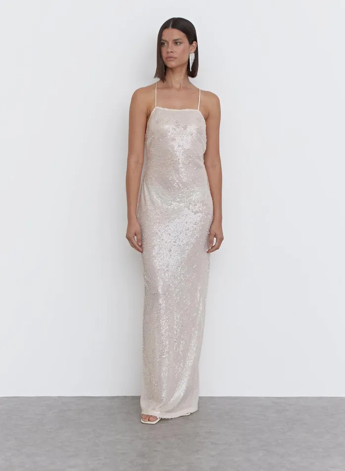 Women Nude Sequin Cross Back Maxi Dress 8211 Bec 4th and Reckless Coords