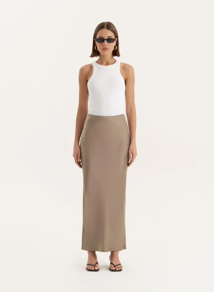 Women Olive Satin Maxi Skirt Novah 4th and Reckless Skirts